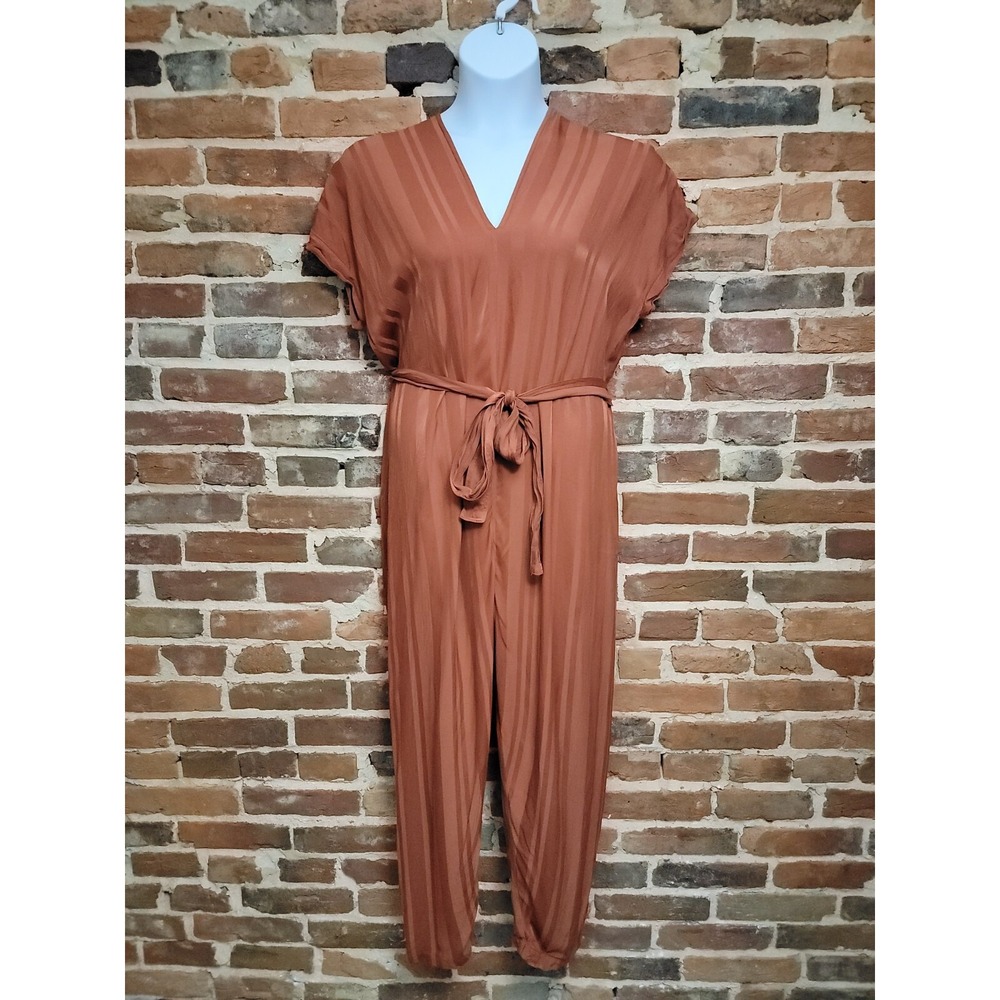 Anthropologie Tina + Jo Striped Satin‎ Kimono Jumpsuit Womens Medium Rust Orange